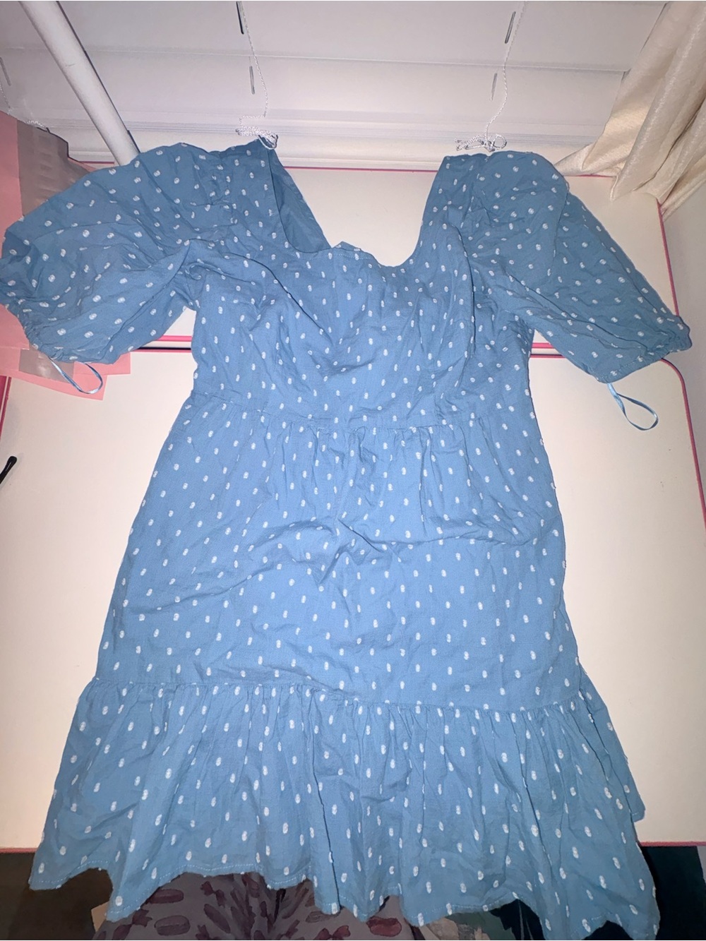 LOFT Sky Blue Puff-Sleeve Polka Dot Mini Dress